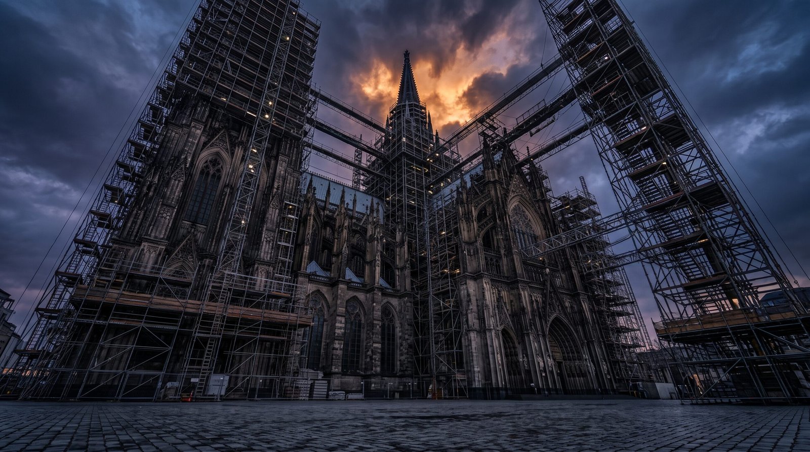 Gotische Kathedrale vollständig eingerüstet vor dramatischem Abendhimmel — massive Gerüstkonstruktion umschließt das Bauwerk