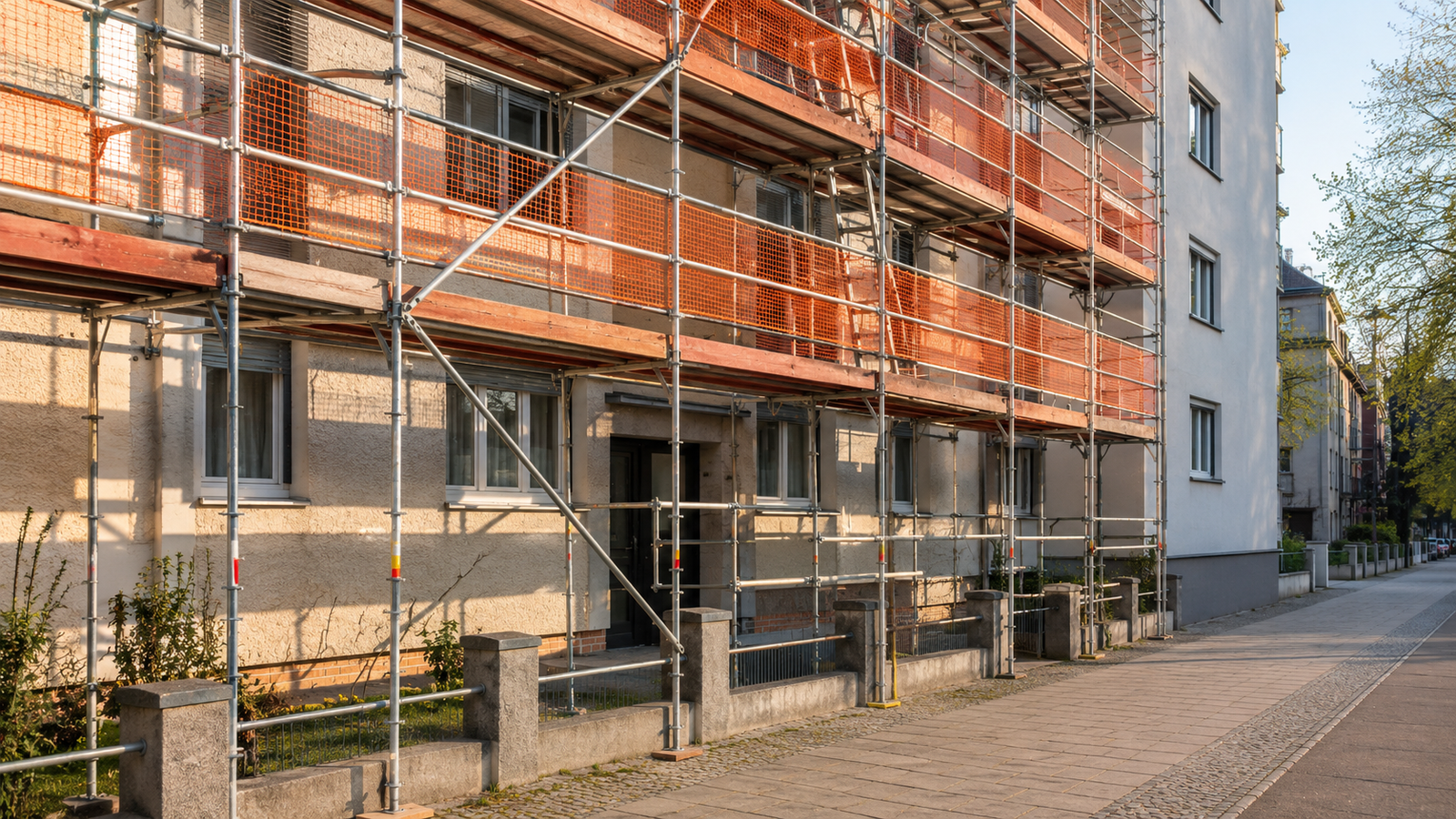 Baugerüst an moderner Fassade in Berlin bei Sonnenlicht — mit sichtbarer Trennung zwischen Privatgrund und öffentlichem Gehweg