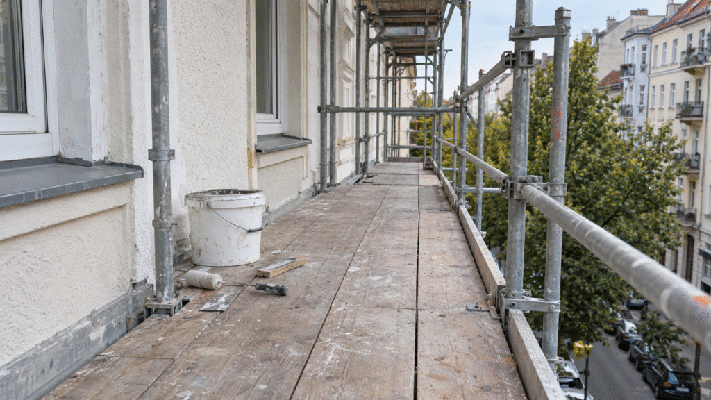 Fassadengerüst mit Belagbreite an Hausfassade
